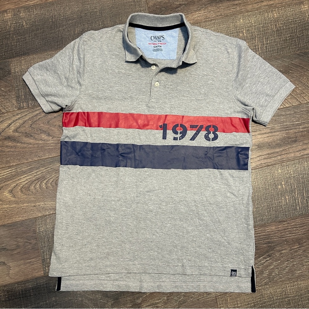 Chaps Men’s Gray Polo Shirt with Red and Blue Stripes Cotton Blend